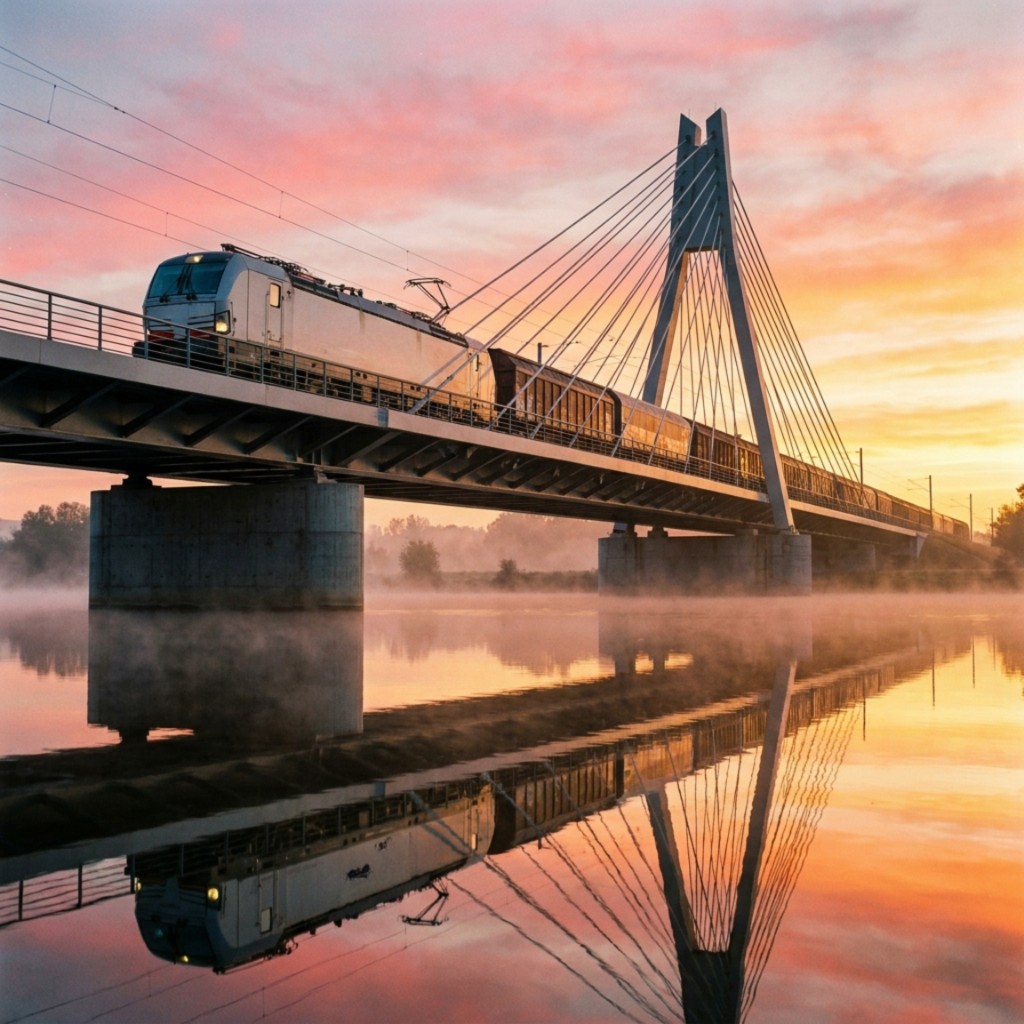 Güterzug auf moderner Brücke bei Sonnenaufgang
