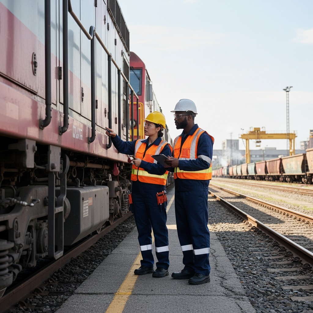 Techniker prüfen eine Lokomotive im Team