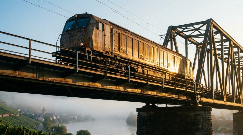 Güterlokomotive auf einer Brücke im goldenen Licht